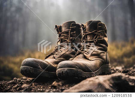 Dirty old brown leather boots 120918538