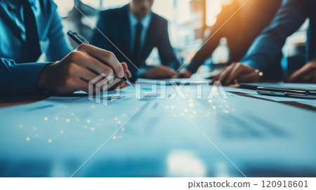 Close-up view of business professionals collaborating on a project, writing and reviewing documents on a table, with a warm light in the background creating a productive atmosphere Close-up view of business professionals collaborating on a project, writing and reviewing documents on a table, with a warm light in the background creating a productive atmosphere 120918601