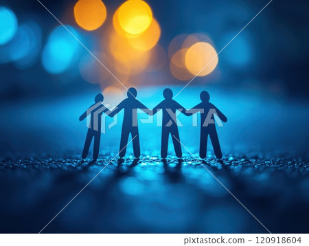 Four paper cutout figures holding hands against a blurred blue and yellow background, symbolizing friendship, unity, and connection. 120918604