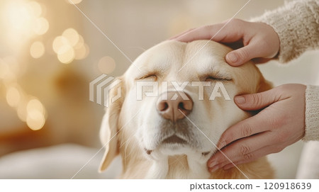 A person gently petting a relaxed dog, showcasing a warm moment of companionship and affection, ideal for depicting love between humans and pets. A person gently petting a relaxed dog, showcasing a warm moment of companionship and affection, ideal for depicting love between humans and pets. 120918639