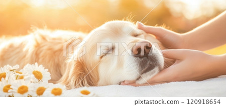 A serene moment of a person petting a relaxed golden retriever, surrounded by flowers, capturing the bond between humans and their pets in a warm, sunlit environment. 120918654