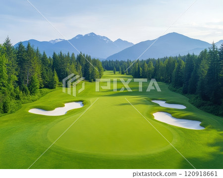A stunning aerial view of a golf course lined with lush trees and serene ponds, framed by majestic mountains in the background under a clear blue sky. 120918661