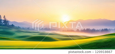 Breathtaking sunset over rolling green hills, casting golden hues on the tranquil landscape, perfect for nature enthusiasts and landscape photography. Breathtaking sunset over rolling green hills, casting golden hues on the tranquil landscape, perfect for nature enthusiasts and landscape photography. 120918667