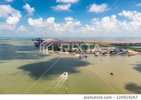 Aerial view, top view cargo ship port in the export, import business and logistics international goods in Cat Ba Islands, Hai Phong City, Vietnam Aerial view, top view cargo ship port in the export, import business and logistics international goods in Cat Ba Islands, Hai Phong City, Vietnam 120919267