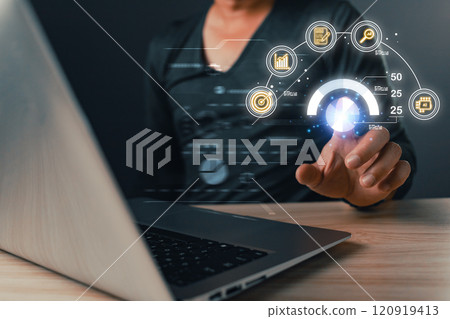 Tech company,man use graphs and progress of business and analyze financial,and investment.Use technology to plan strategy to success goals and growth stock.online business,online marketing. 120919413