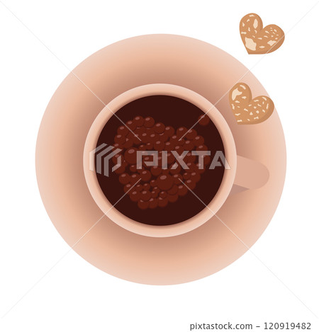Beige cup of coffee with heart-shaped foam and a couple of cute heart cookies. Romantic love concept. Vector illustration isolated on white background. 120919482