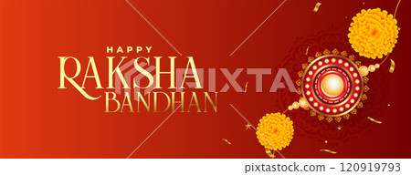 traditional raksha bandhan realistic rakhi banner with flower and rice 120919793