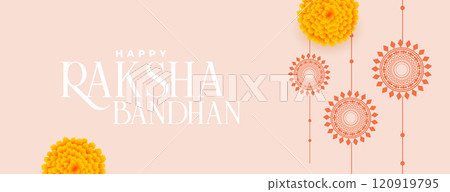 happy raksha bandhan traditional banner with flat rakhi and marigold flower 120919795