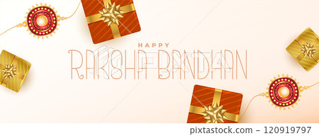 ethnic raksha bandhan festival banner with gift boxes and rakhi design 120919797