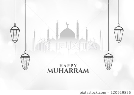 happy muharram islamic card with mosque and lanterns 120919856