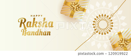 beautiful raksha bandhan banner with gift boxes and rakhi 120919922