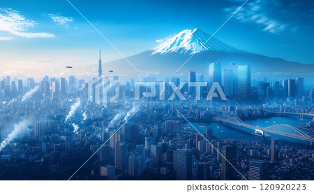 Fantasy landscape of a futuristic city and Mt. Fuji Fantasy landscape of a futuristic city and Mt. Fuji 120920223