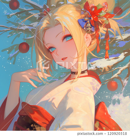 Blonde woman in kimono 120920318