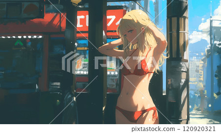 Blonde woman in a Christmas bikini in the city 120920321