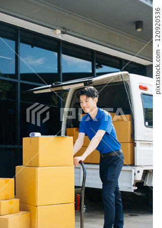 Portrait of courier delivery man searching the address on digital tablet. Delivery service, Portrait of courier delivery man searching the address on digital tablet. Delivery service, 120920536