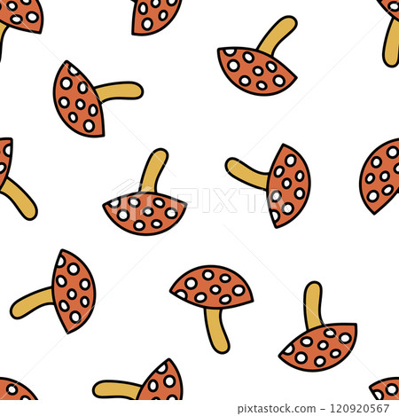 Seamless Pattern with Mushroom Fly Agaric. Red Mushroom with White Spots. Toxic Mushroom Repeating Background. 120920567