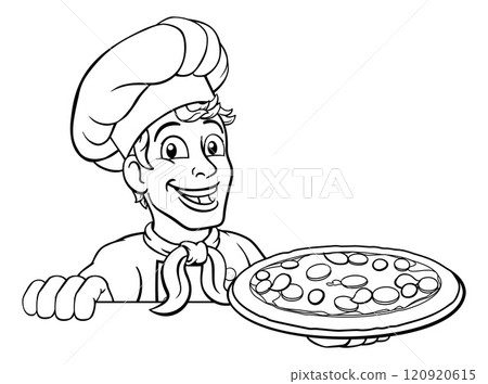 Chef Pizza Cook Cartoon Man Peeking Over Sign Chef Pizza Cook Cartoon Man Peeking Over Sign 120920615