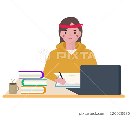 正在準備入學考試的女學生。繫上頭帶，努力學習。向量圖 120920980
