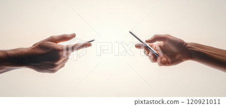 Two hands reaching out with smartphones, symbolizing connection and communication in the digital age, isolated on a white background. Two hands reaching out with smartphones, symbolizing connection and communication in the digital age, isolated on a white background. 120921011