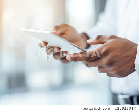 A businessman using a digital tablet while standing in a modern office environment. The focus is on hands holding the tablet, showcasing technology in a professional setting. A businessman using a digital tablet while standing in a modern office environment. The focus is on hands holding the tablet, showcasing technology in a professional setting. 120921017
