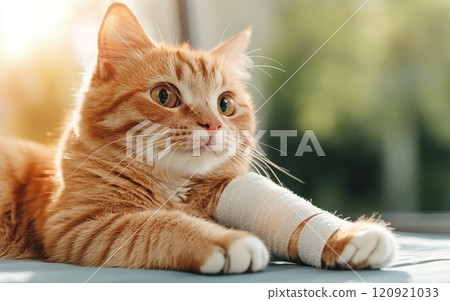 A close-up of a ginger cat resting with a bandaged paw, looking calm and curious, illuminated by soft natural light in a cozy indoor setting. 120921033