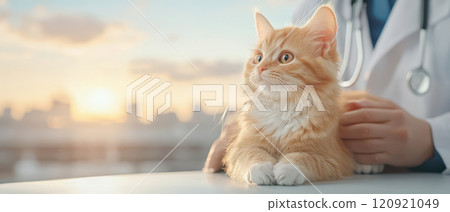 A cute ginger cat being examined by a veterinarian in a bright clinic, with a sunny cityscape in the background, showcasing a caring environment for pets. 120921049