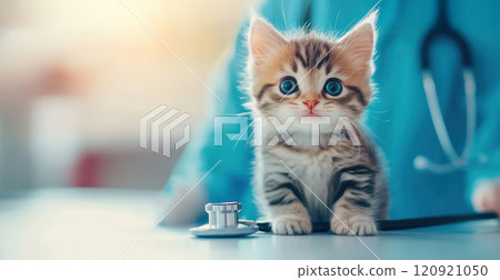 A cute kitten with big eyes sits on a table beside a stethoscope, showcasing a caring and playful vibe in a veterinary setting. 120921050