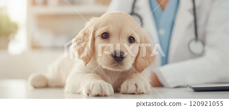 A cute, golden Labrador puppy resting on a table in a vet clinic. The attentive veterinarian is caring for the puppy, showcasing a nurturing environment for pets. 120921055
