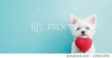 A cute white dog holding a red heart, sitting against a soft blue background, symbolizing love and companionship. 120921056