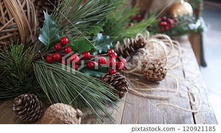 A Christmas wreath-making workshop with fresh pine branches, holly berries on a rustic wooden table with a festive atmosphere. AI generated. A Christmas wreath-making workshop with fresh pine branches, holly berries on a rustic wooden table with a festive atmosphere. AI generated. 120921185