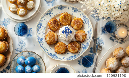 A festive table with delicious latkes and sufganiyot, decorated with Hanukkah-themed items and blue and white accents, ready for the celebration. AI generated. 120921198