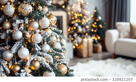 An elegant Christmas tree decorated with luxury ornaments in gold, silver, and white, in a modern, stylish living room with soft lighting. AI generated. An elegant Christmas tree decorated with luxury ornaments in gold, silver, and white, in a modern, stylish living room with soft lighting. AI generated. 120921207