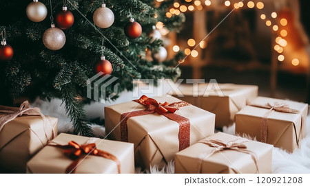 A stylish Christmas tree with minimalist ornaments, surrounded by wrapped gifts in a modern room. AI generated. A stylish Christmas tree with minimalist ornaments, surrounded by wrapped gifts in a modern room. AI generated. 120921208