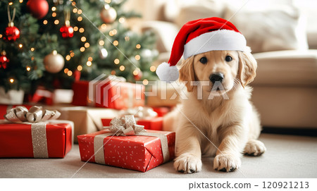 An adorable golden retriever puppy wearing a Santa hat, sitting by a beautifully decorated Christmas tree with wrapped presents around, in a cozy, warmly lit living room. AI generated. 120921213