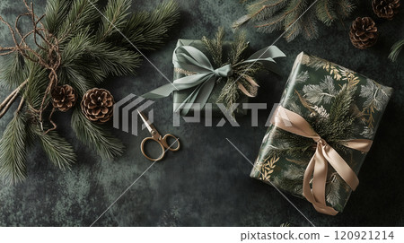 Top view of a crafting table for Christmas gifts wrapping with festive gold ribbons, pine branches, and a scissor. AI generated. 120921214