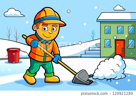 Cool young smiling janitor removes snow with a shovel in the yard 120921280