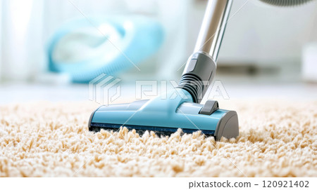 close up of vacuum cleaner head on plush carpet, showcasing effective cleaning. bright colors and soft texture create fresh and inviting atmosphere close up of vacuum cleaner head on plush carpet, showcasing effective cleaning. bright colors and soft texture create fresh and inviting atmosphere 120921402