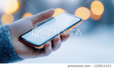 close up of hand holding smartphone with blurred background of lights, showcasing modern technology and connectivity 120921432