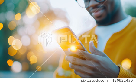 Young professional using smartphone outdoors, smiling with sunlight 120921459