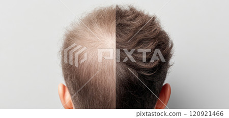 Top down view of head showing noticeable hair thinning on one side and fuller hair on other, illustrating hair loss contrast and its emotional impact Top down view of head showing noticeable hair thinning on one side and fuller hair on other, illustrating hair loss contrast and its emotional impact 120921466