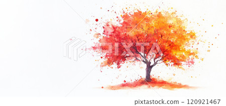 vibrant autumn tree with watercolor leaves in brilliant hues of orange and red, showcasing beauty of fall. artistic splashes create lively atmosphere 120921467
