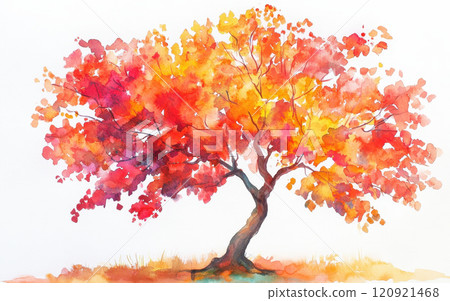 Colorful autumn tree with vibrant red and orange leaves, showcasing beauty of fall. watercolor technique enhances rich hues and soft textures, creating warm, inviting scene 120921468