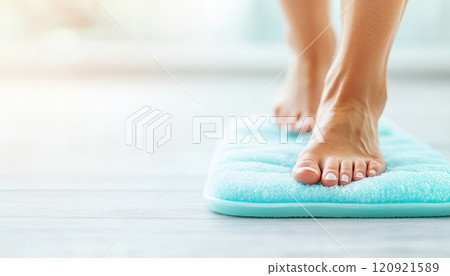 close up of bare feet stepping onto soft, blue bath mat, conveying comfort and relaxation. setting is bright and inviting, perfect for spa like atmosphere close up of bare feet stepping onto soft, blue bath mat, conveying comfort and relaxation. setting is bright and inviting, perfect for spa like atmosphere 120921589
