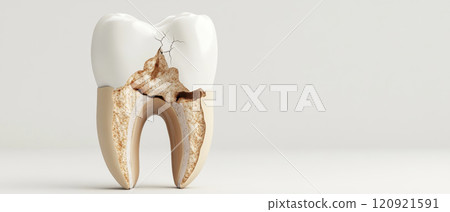 detailed illustration of cracked tooth, showcasing its inner structure and decay. This highlights dental health issues and importance of oral care 120921591