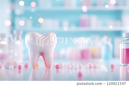 large, glossy tooth model surrounded by colorful dental supplies and decor, creating cheerful and inviting atmosphere for dental care 120921597