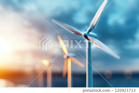 An artistic capture of modern wind turbines silhouetted against a beautiful sunset An artistic capture of modern wind turbines silhouetted against a beautiful sunset 120921713