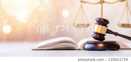 A gavel resting on an open law book with a blurred background of scales representing justice. Ideal for legal themes and courtroom imagery. 120921734