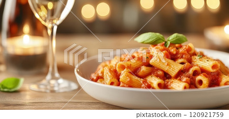 Delicious pasta dish topped with basil, glass of wine in soft lighting. 120921759