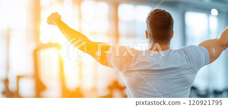 A man celebrating with raised arms in a gym, embodying triumph and fitness against a backdrop of bright sunlight. 120921795