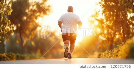 A man jogging in the park during sunset, surrounded by greenery, exemplifying an active and healthy lifestyle. 120921796